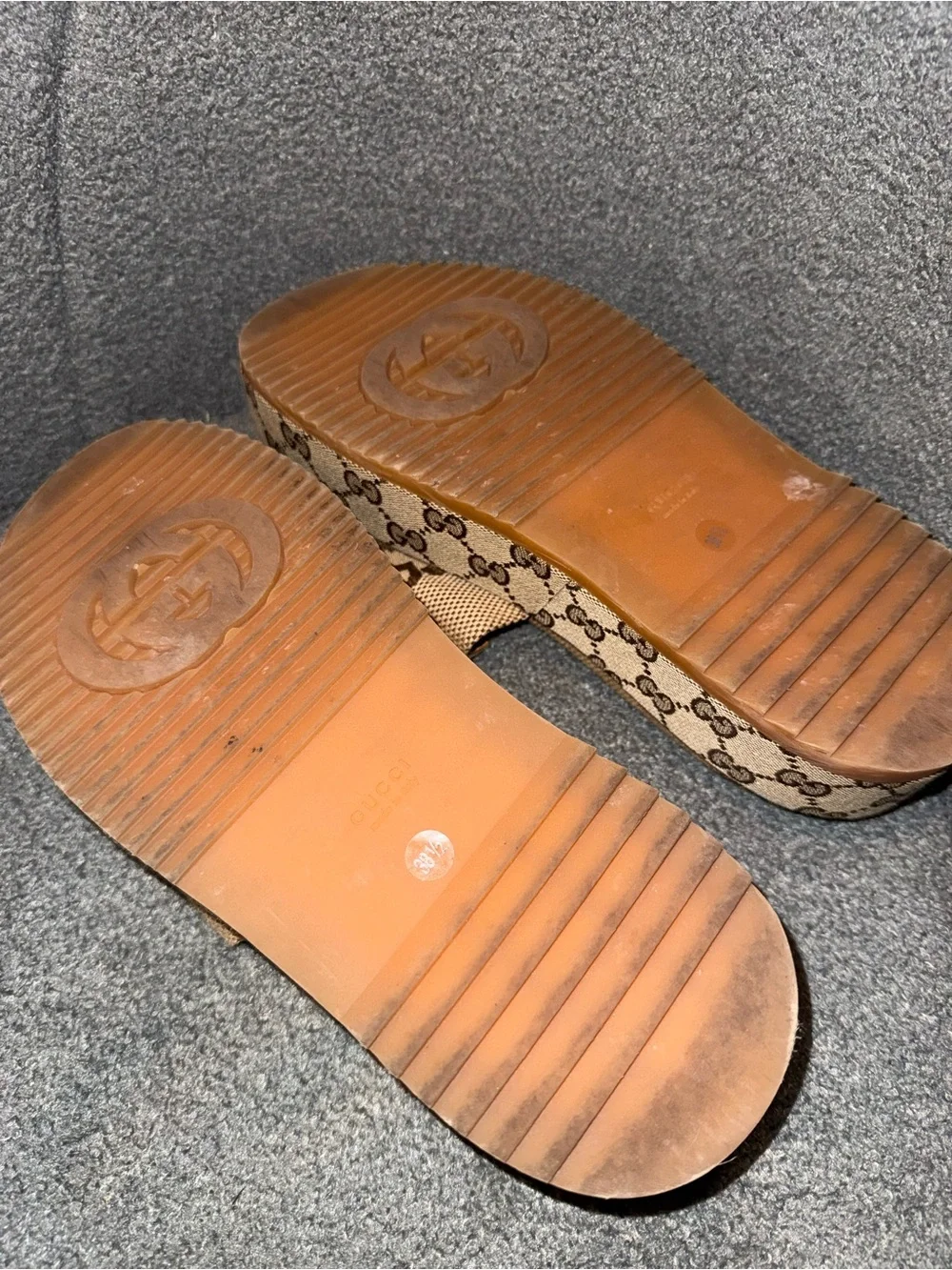 Gucci Brown Beige GG Platform Canvas Slide Sandals